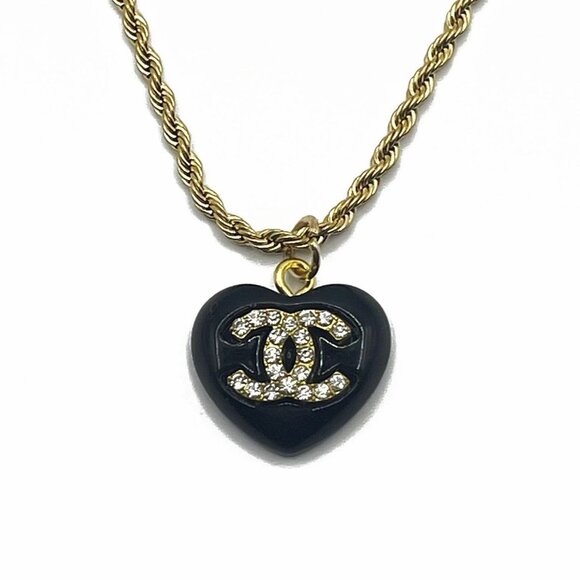 CHANEL CC Charm Rhinestone Black Heart Necklace Gold Plated Chain